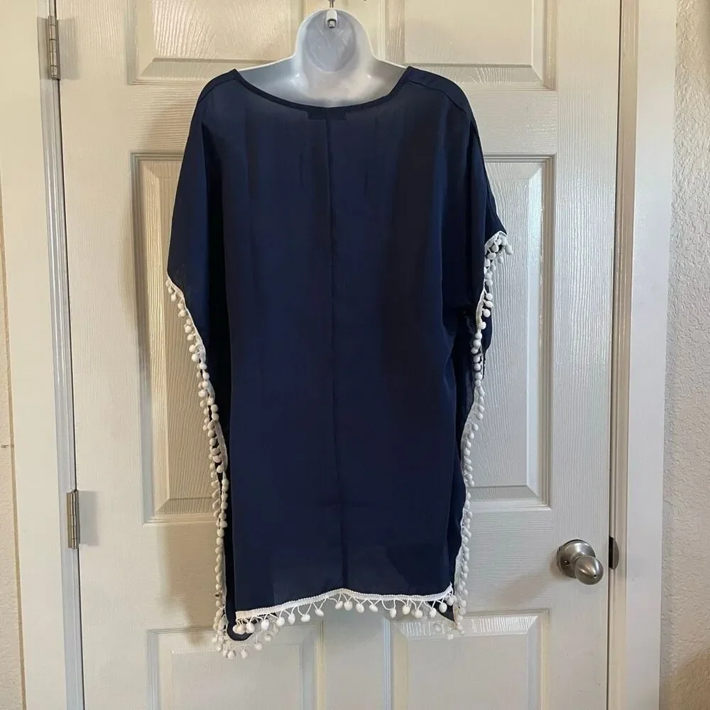 Boutique Small Bikini Cover Up Poncho Blouse Navy Blue White